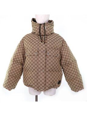 Gucci GG Leather Patch Cotton Down Jacket Brown 36